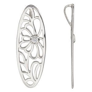Pendant, sterling silver and cubic zirconia, clear, 40x14mm single-sided oval with cutout flower. Sold individually.