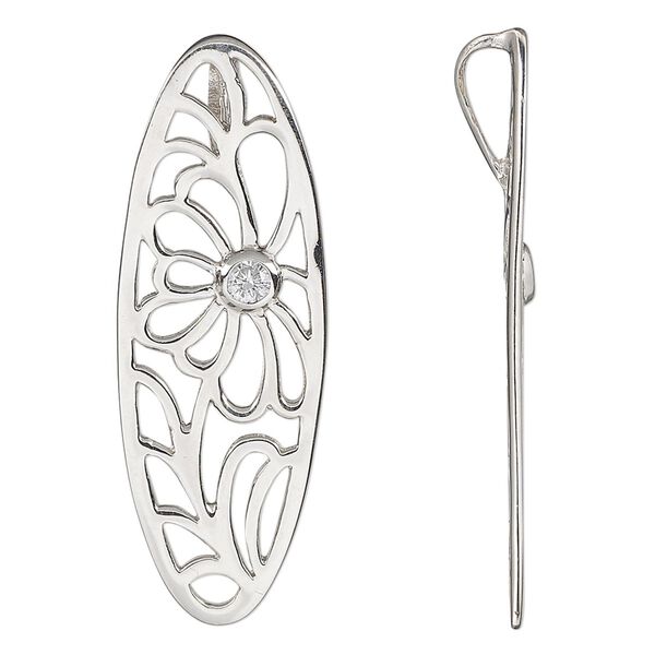 Pendant, sterling silver and cubic zirconia, clear, 40x14mm single-sided oval with cutout flower. Sold individually. image number 0