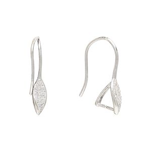 Ear wire 1pkg2 sterling silver / cubic zirconia, 21mm leaf / ice-pick bail / 5.5mm grip length, 20 gauge 1 pair