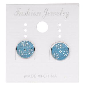 Earstud, stainless steel, blue patina, 10mm round with lotus flower design. Sold per pair.