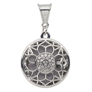 Pendant, silver-finished "pewter" (zinc-based alloy) / glass / felt, clear and grey, 27.5mm round locket with cutout flower and 26x22mm round insert. Sold per 5-piece set.