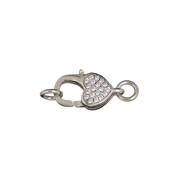 Clasp, lobster claw, cubic zirconia and silver-finished brass, clear, 15x9mm double-sided with heart design and (2) 5mm jump rings. Sold individually. image number 0