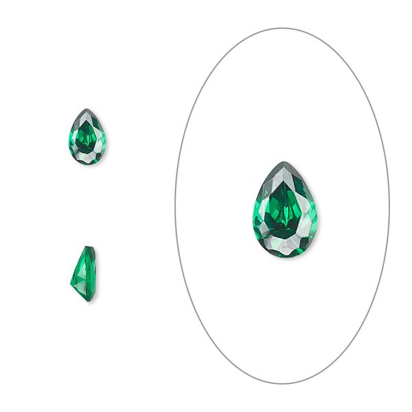 Gem, cubic zirconia, emerald green, 6x4mm faceted pear, Mohs hardness 8-1/2. Sold per pkg of 2. image number 0