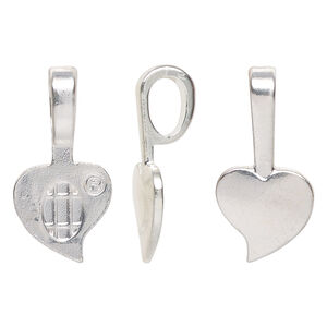 Bail, Aanraku&reg;, glue-on, silver-plated "pewter" (zinc-based alloy), 27x13.5mm with 13.5x13mm heart flat base. Sold per pkg of 5.