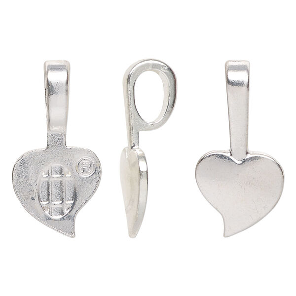 Bail, Aanraku&reg;, glue-on, silver-plated "pewter" (zinc-based alloy), 27x13.5mm with 13.5x13mm heart flat base. Sold per pkg of 5. image number 0