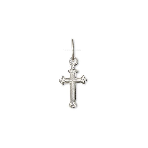 Drop, sterling silver, 12x8mm engraved cross. Sold per pkg of 6. image number 0