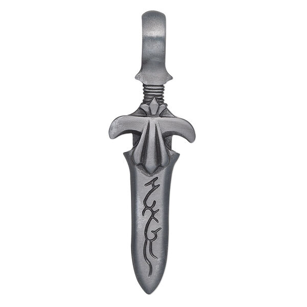 Pendant, "pewter" (zinc-based alloy), 57x17mm sword. Sold individually. image number 0
