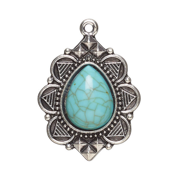 Focal, antique silver-finished "pewter" (zinc-based alloy) and "turquoise" (resin) (imitation), turquoise blue, 31x25mm single-sided teardrop. Sold per pkg of 2. image number 0