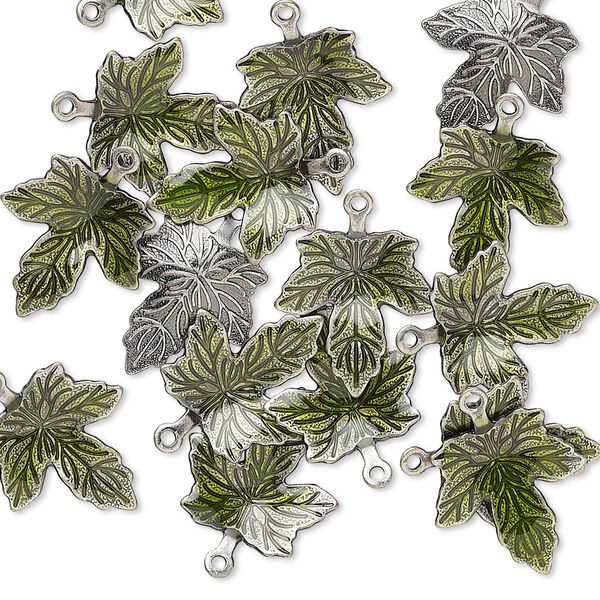 Charm, enamel and antique silver-plated brass, green, 13x12mm single-sided maple leaf. Sold per pkg of 100. image number 0