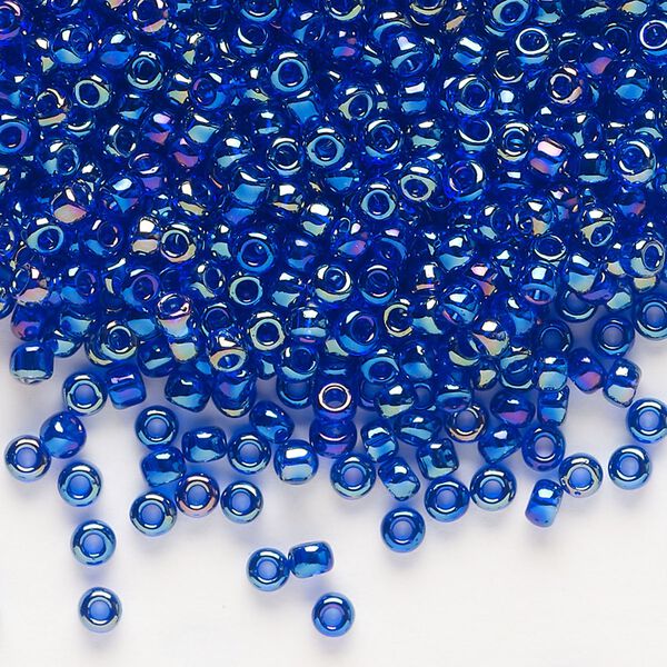 Seed bead, Dyna-Mites™, glass, transparent rainbow iris blue, #8 round. Sold per 40-gram pkg. image number 0