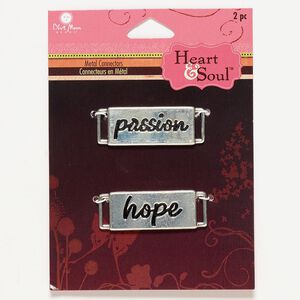 Focal, antique silver-finished "pewter" (zinc-based alloy), 30x13mm single-sided rectangle with "passion" and "hope." Sold per pkg of 2.
