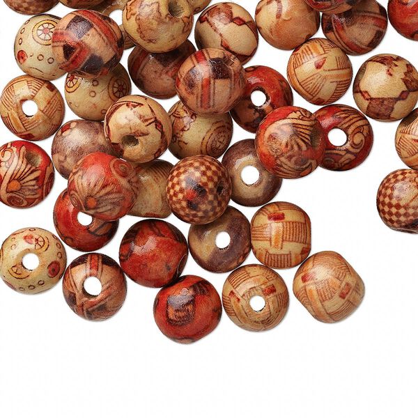 Bead mix, wood (coated), multicolored, 12mm hand-cut round with painted pattern. Sold per pkg of 100. image number 0