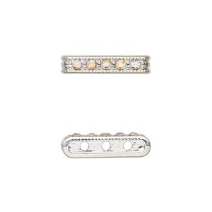 Spacer bar, silver-finished "pewter" (zinc-based alloy) and glass, clear AB, 18.5x4mm, 3-strand with crystals on one side, fits up to 6mm beads. Sold per pkg of 6.