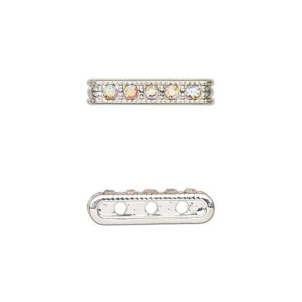 Spacer bar, silver-finished "pewter" (zinc-based alloy) and glass, clear AB, 18.5x4mm, 3-strand with crystals on one side, fits up to 6mm beads. Sold per pkg of 6. image number 0