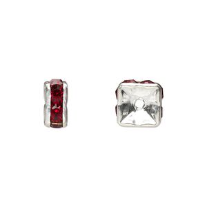 Bead, glass rhinestone and silver-plated brass, garnet red, 8x4mm squaredelle. Sold per pkg of 10.