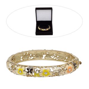 Bracelet, bangle, enamel / Czech glass rhinestone / gold-finished "pewter" (zinc-based alloy), clear / yellow / multicolored, 11mm wide with flowers, 7 inches with hinged tab clasp. Sold individually.