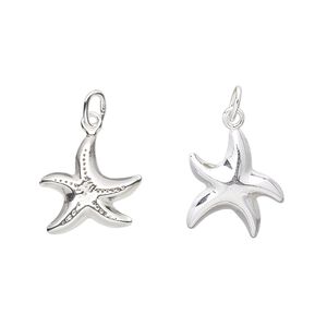 Charm, sterling silver, 15x13mm two-sided starfish. Sold per pkg of 2.