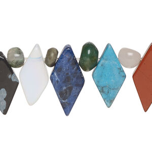 Multi-gemstone / brown goldstone 1pkg1, double-drilled diamond / pebble bead 13 inch 18x10mm-23x16mm / small