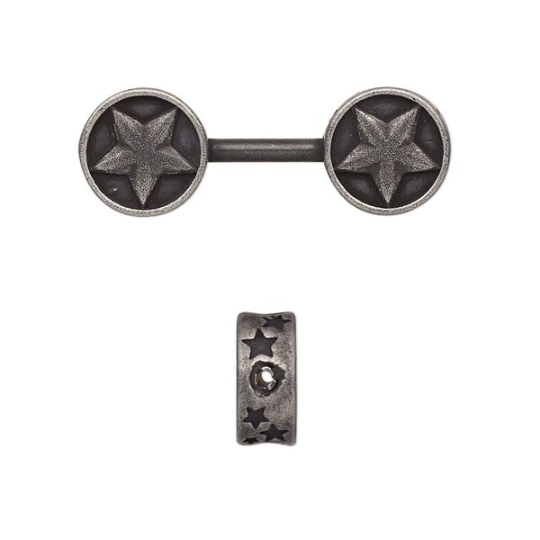 Bead, stainless steel, black, 30x10.5mm dumbbell with star design. Sold individually. image number 0