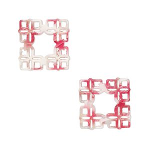 Component, resin, pink / red / white, 20mm square with cutouts. Sold per pkg of 8.