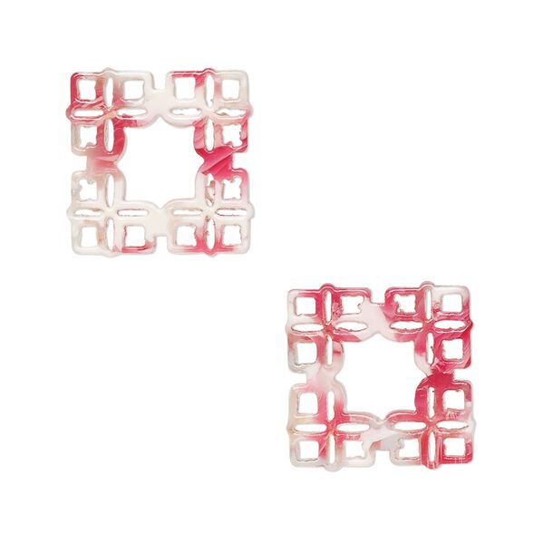 Component, resin, pink / red / white, 20mm square with cutouts. Sold per pkg of 8. image number 0