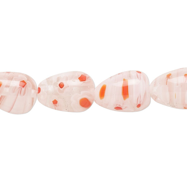 Bead, millefiori glass, translucent clear / white / red, teardrop14x10mm with flower design. Sold per 14-inch strand. image number 0