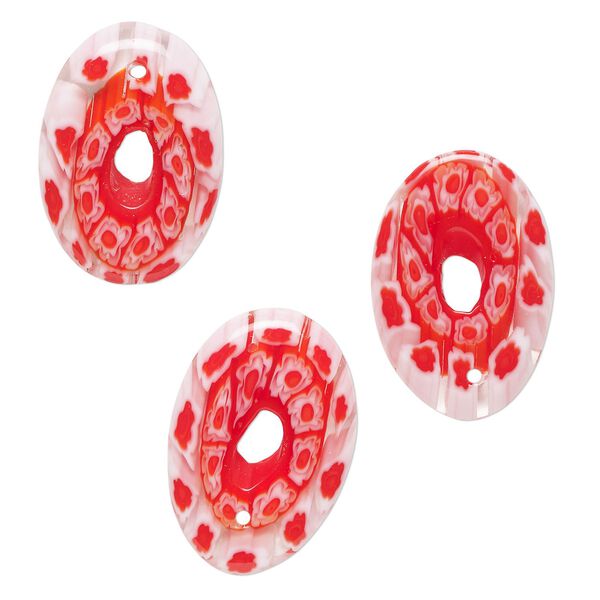 Drop, millefiori glass, translucent red, white and clear, 22x18mm-27x23mm undrilled flat oval go-go with slanted flower design. Sold per pkg of 3. image number 0