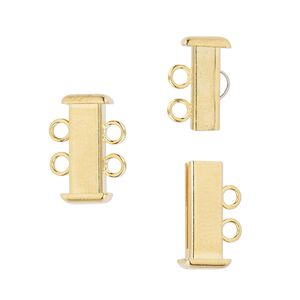 Clasp slide lock 1pkg4 gold-plated, 16x7mm rectangle tube, brass 2-strand