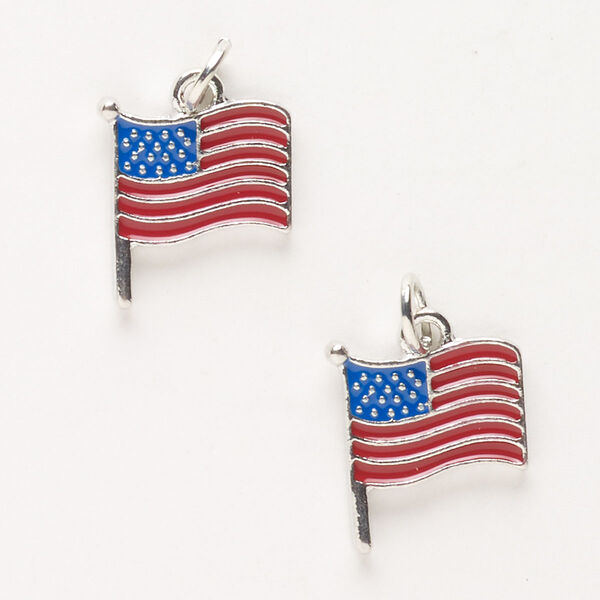 Charm, imitation rhodium-finished "pewter" (zinc-based alloy) and enamel, red and blue, 16x15mm single-sided flag. Sold per pkg of 2. image number 0