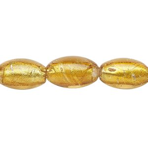 Bead, lampworked glass, light amber yellow with silver-colored foil, 15x9mm oval. Sold per 15-1/2" to 16" strand.
