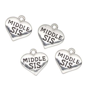 Charm, antique silver-finished enamel "pewter" (zinc-based alloy), black, 16x13mm heart with "Middle Sis". Sold per pkg of 4.