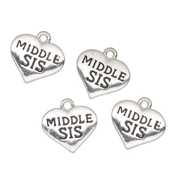 Charm, antique silver-finished enamel "pewter" (zinc-based alloy), black, 16x13mm heart with "Middle Sis". Sold per pkg of 4. image number 0