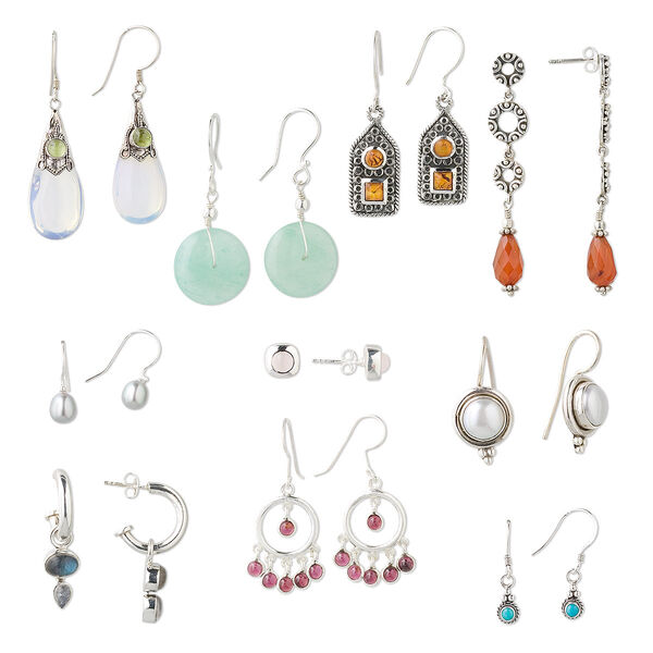 Earring mix 1pk sterling silver gemstone, mixed sizes and styles natural dyed heated imitation, 10 pairs image number 0