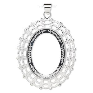 Pendant, silver-plated "pewter" (zinc-based alloy), 58x49mm fancy oval with 40x30mm oval setting. Sold per pkg of 2.