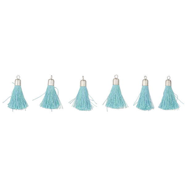 Tassel, silver-finished steel, aqua blue and teal, 1" tassel. Sold per pkg of 6. image number 0