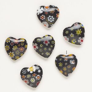 Bead, millefiori glass, opaque black and multicolored, 16-18mm half-drilled puffed heart. Sold per pkg of 6.