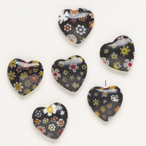 Bead, millefiori glass, opaque black and multicolored, 16-18mm half-drilled puffed heart. Sold per pkg of 6. image number 0