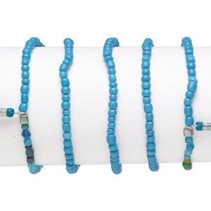 Bracelet mix, stretch, glass, teal / dark blue / green, #6 round with 45mm tassel, 7-1/2 inches. Sold per pkg of 5.
