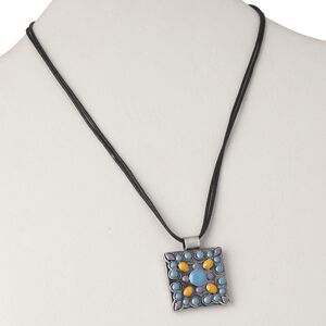 Necklace, 2-strand, waxed cotton cord / enamel / antiqued silver-plated brass, light blue / lavender / orange, 28x28mm single-sided square, 16 inches with 3-inch extender chain and lobster claw clasp. Sold individually.
