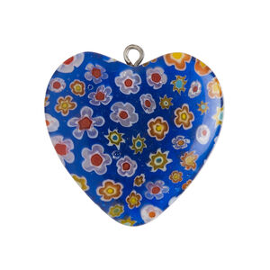 Focal 1pkg1, silver-finished steel / millefiori glass, translucent multicolored / white, 29-31mm puffed heart.