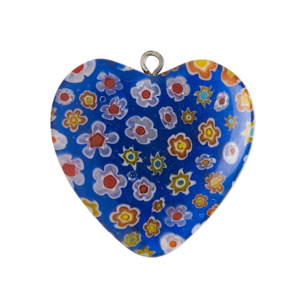 Focal 1pkg1, silver-finished steel / millefiori glass, translucent multicolored / white, 29-31mm puffed heart. image number 0