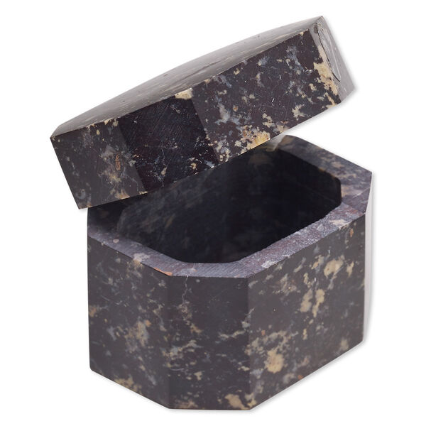 Soapstone / steel 1pkg1, hand-carved hinged octagon trinket box / leaf / diamond design brass-plated 1.5x2x1.5 inch image number 0