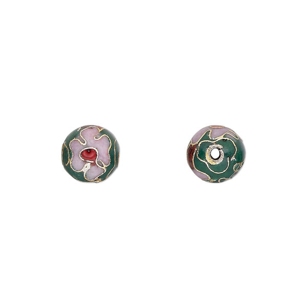 Bead, cloisonné, enamel and gold-finished copper, green / pink / red, 8mm round with flower design. Sold per pkg of 10. image number 0