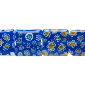Bead, millefiori glass, translucent blue / white / yellow, 13mm-15x14mm puffed square with flower design. Sold per 14-inch strand.