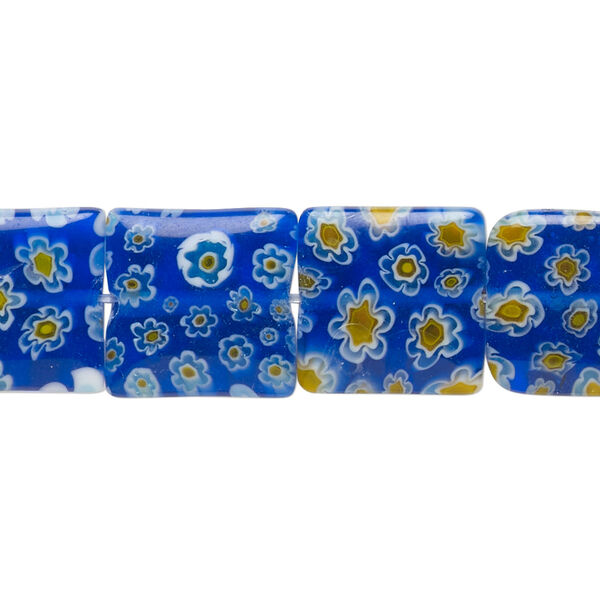 Bead, millefiori glass, translucent blue / white / yellow, 13mm-15x14mm puffed square with flower design. Sold per 14-inch strand. image number 0