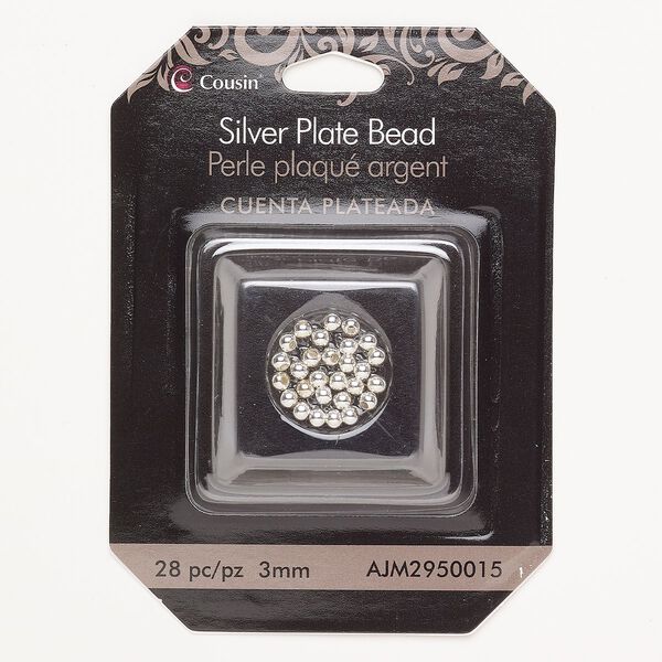 Bead copper 28pk 3mm round, silver plate image number 0