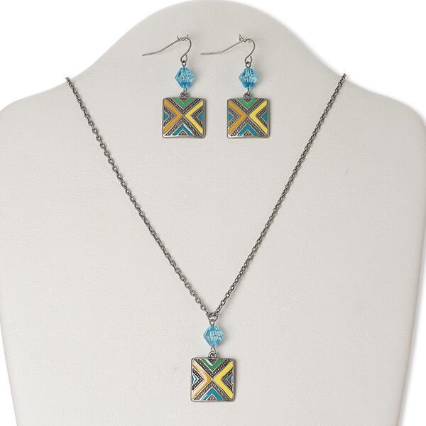 Necklace and earring set, glass / enamel / antiqued silver-finished "pewter" (zinc-based alloy) / steel, blue and multicolored, 18 inches with 3-inch extender chain and lobster claw clasp, 48x21mm earrings with fishhook ear wire. Sold per set. image number 0
