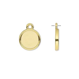 Drop, gold-finished brass, 12mm single-sided round with 10mm round setting. Sold per pkg of 10.