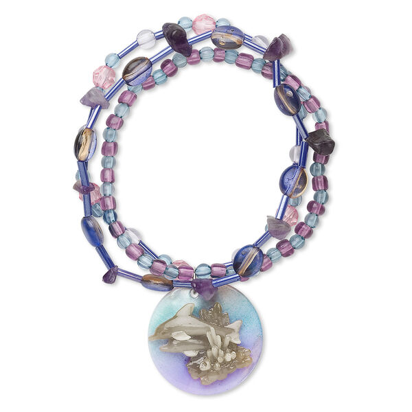 Bracelet, 3-strand stretch, mussel shell (coated) / amethyst (natural) / acrylic, purple and multicolored, 30mm round with painted dolphin design, 6-1/2 inches. Sold individually. image number 0