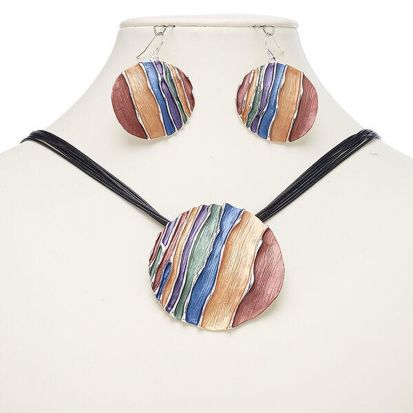 Necklace and earring set, 6-strand, enamel / waxed cotton cord / imitation rhodium-finished steel / "pewter" (zinc-based alloy), multicolored, 56mm round, 18-inch necklace with 2-inch extender chain with lobster claw clasp, 47mm earrings with fishhook ear wire. Sold per set. image number 0
